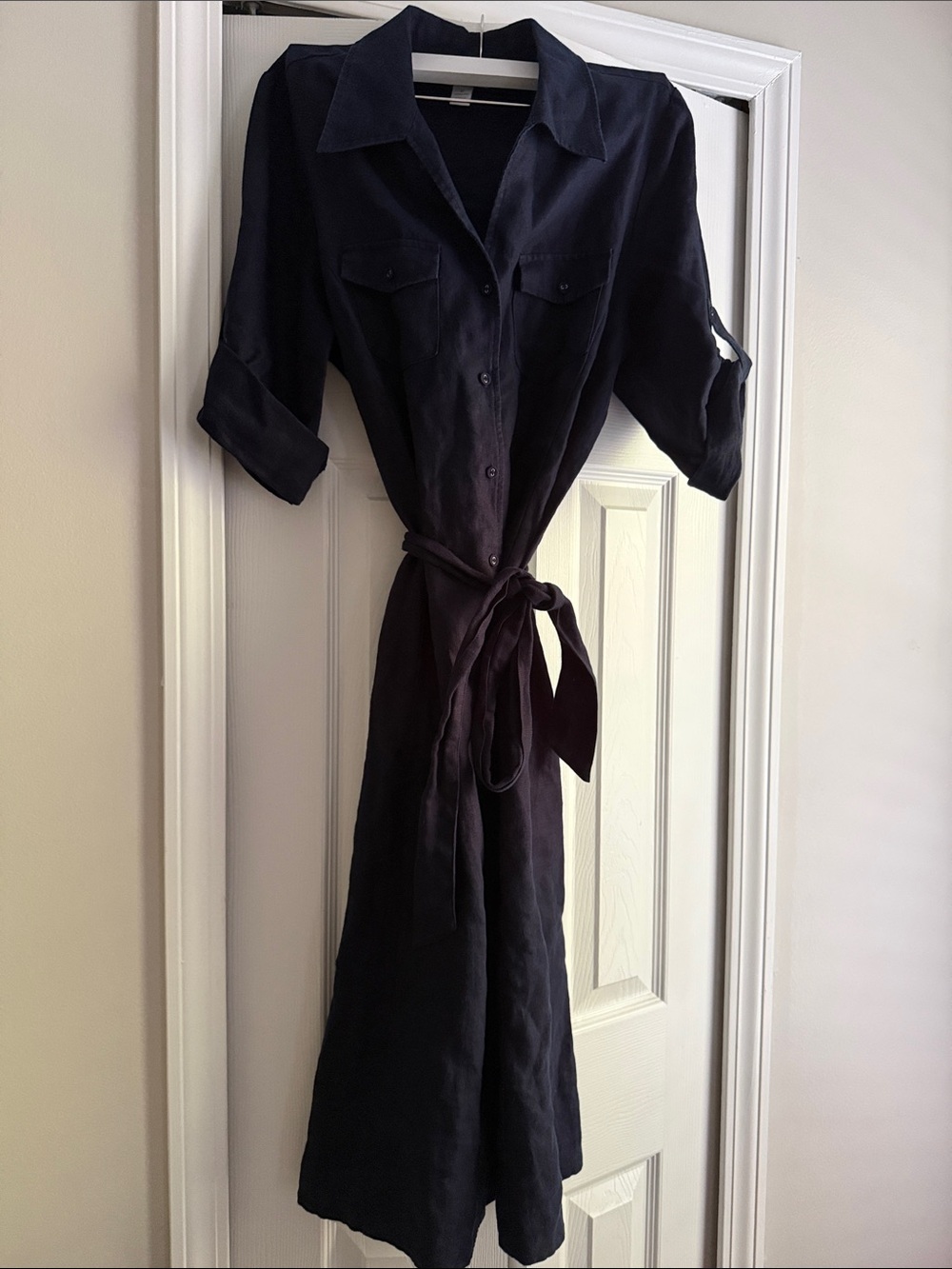 Charter Club Navy Button-Front Maxi Linen Shirt Dress with Waist Tie